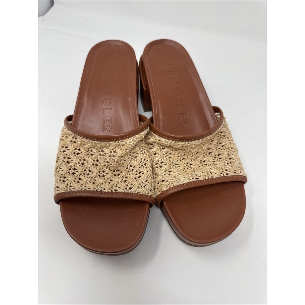 Aerosoles Women's Clark Block Heel Slide Sandals Tan‎ Leather Raffia Size 9